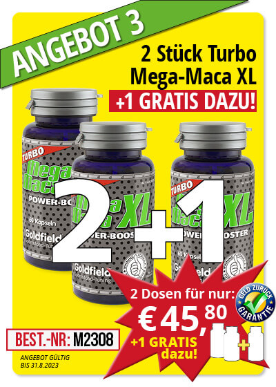  August-Angebot 3:  Turbo Mega-Maca XL 2 Dosen + 1 gratis dazu