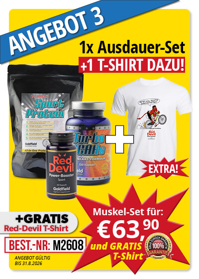  August-Angebot 3: je 1 Dose  Red Devil+BCAAs+Turbo Sport Protein plus Gratis Shirt